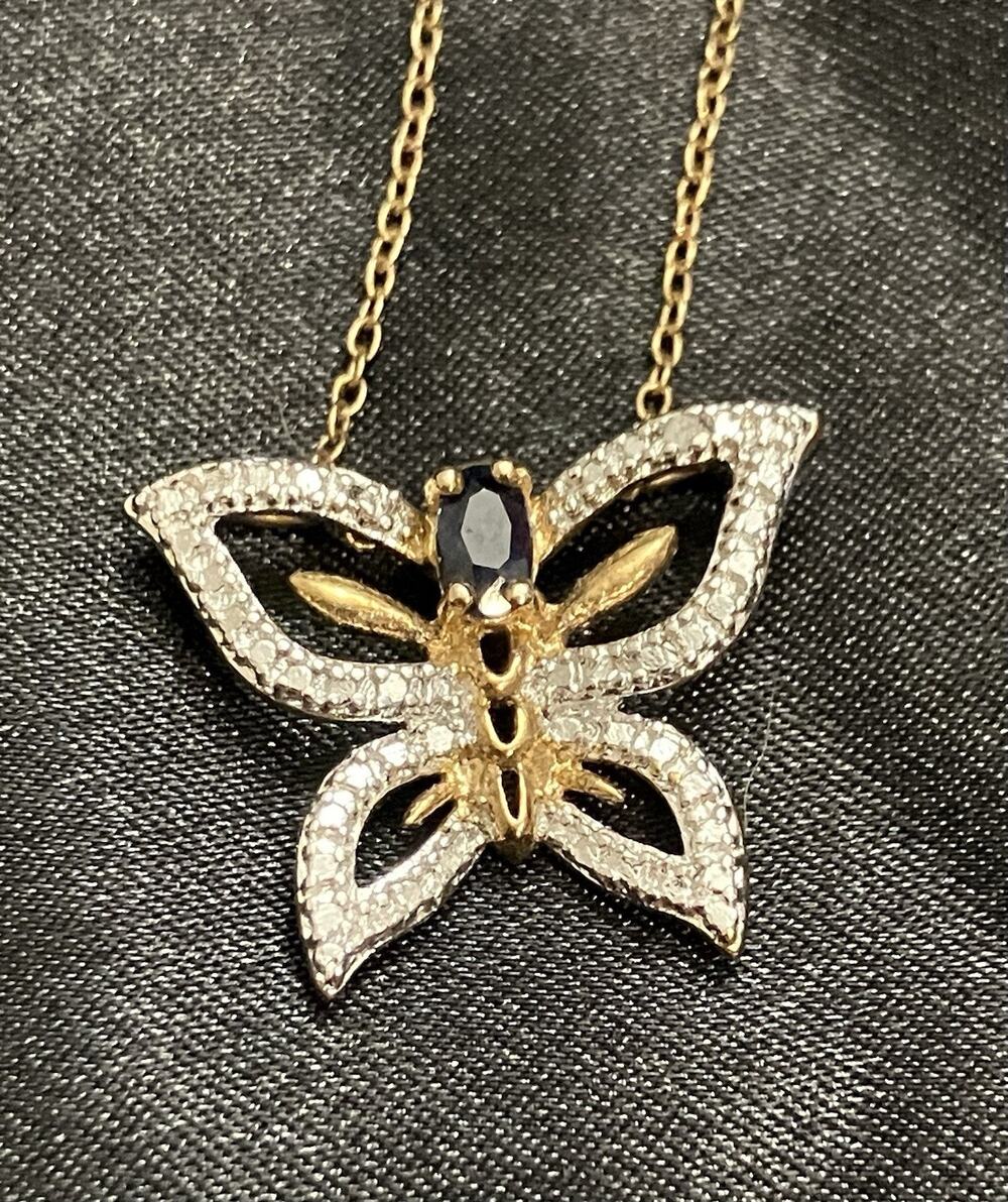 925 Italian Sterling Silver Blue Sapphire Diamond Butterfly Necklace & Pendant